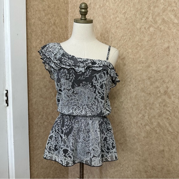 VTG Y2K 2000s Black and White Floral Ruffle One Shoulder Peplum Top - Picture 1 of 7